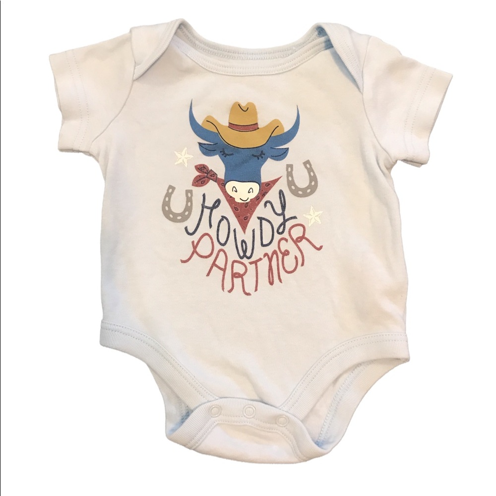 Baby blue Farm Boy/ Farm Girl brand onesie “Howdy Partner”